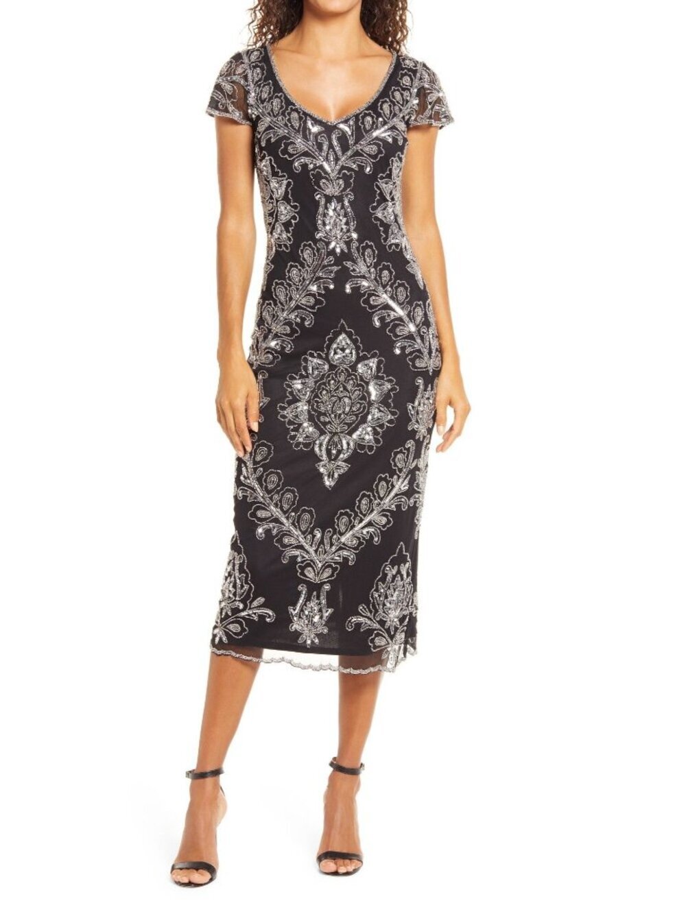 Pisarro Nights Womens Beaded Mesh Black Silver Short Sleeve Midi Dress Sz 8 New